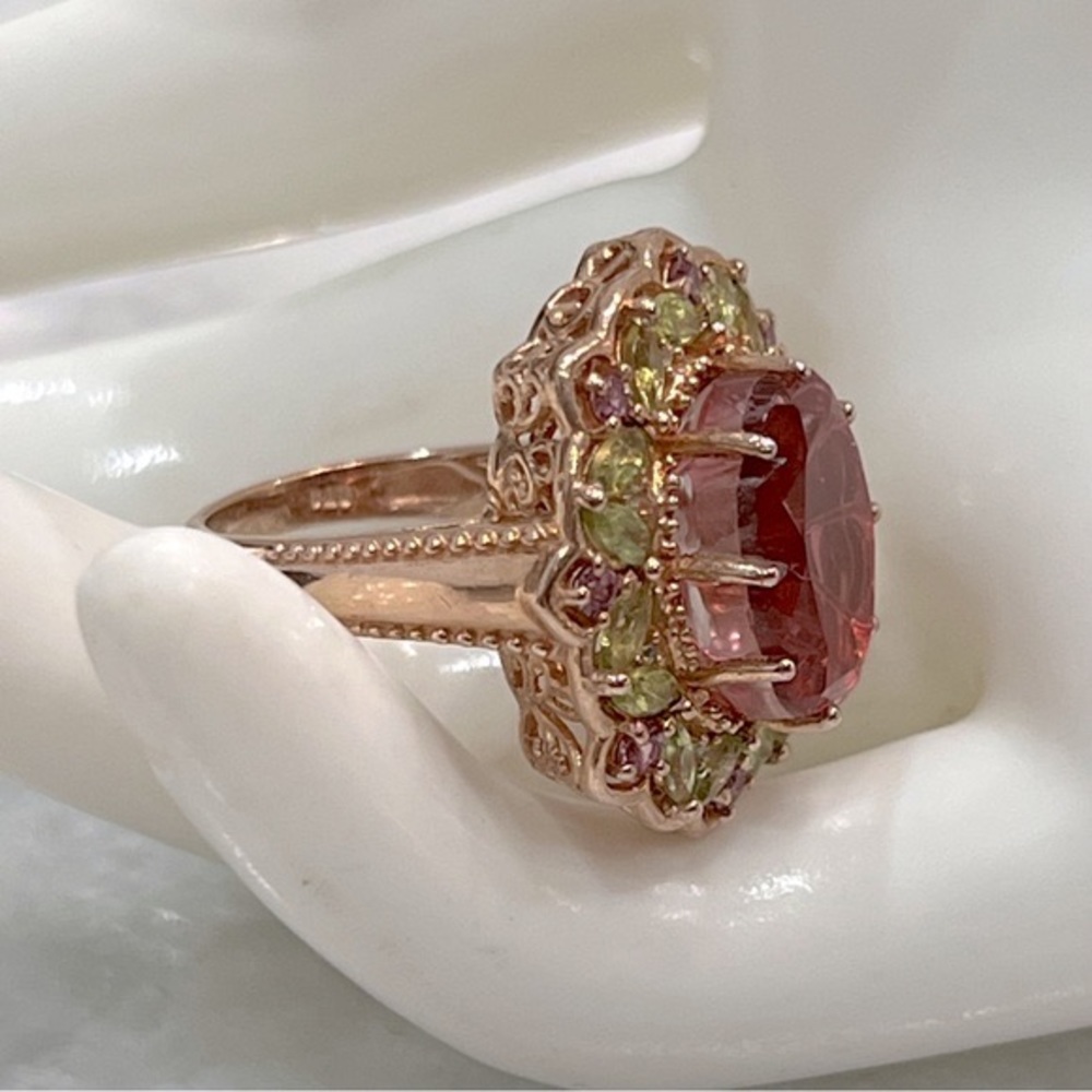 Salmon Quartz Multigemstone 14K RG Sterling Silver Cocktail Statement Ri… - Picture 5 of 10